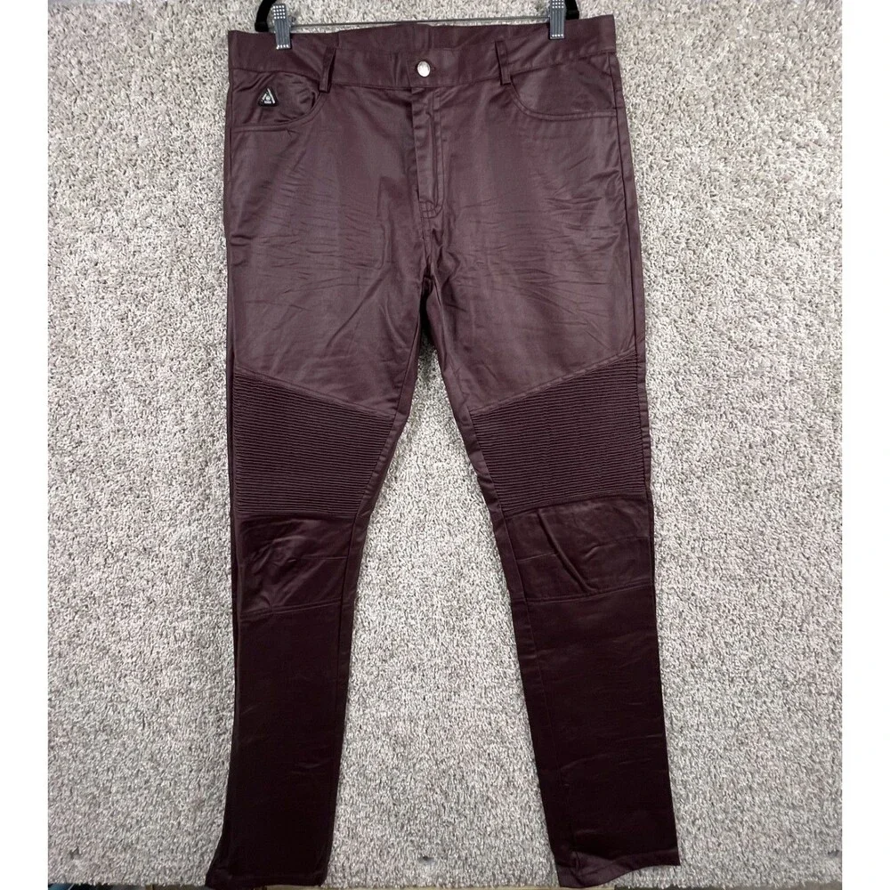 DNM Collection Men’s Biker Pants Burgundy Coated Slim Fit Size 36 Moto Style